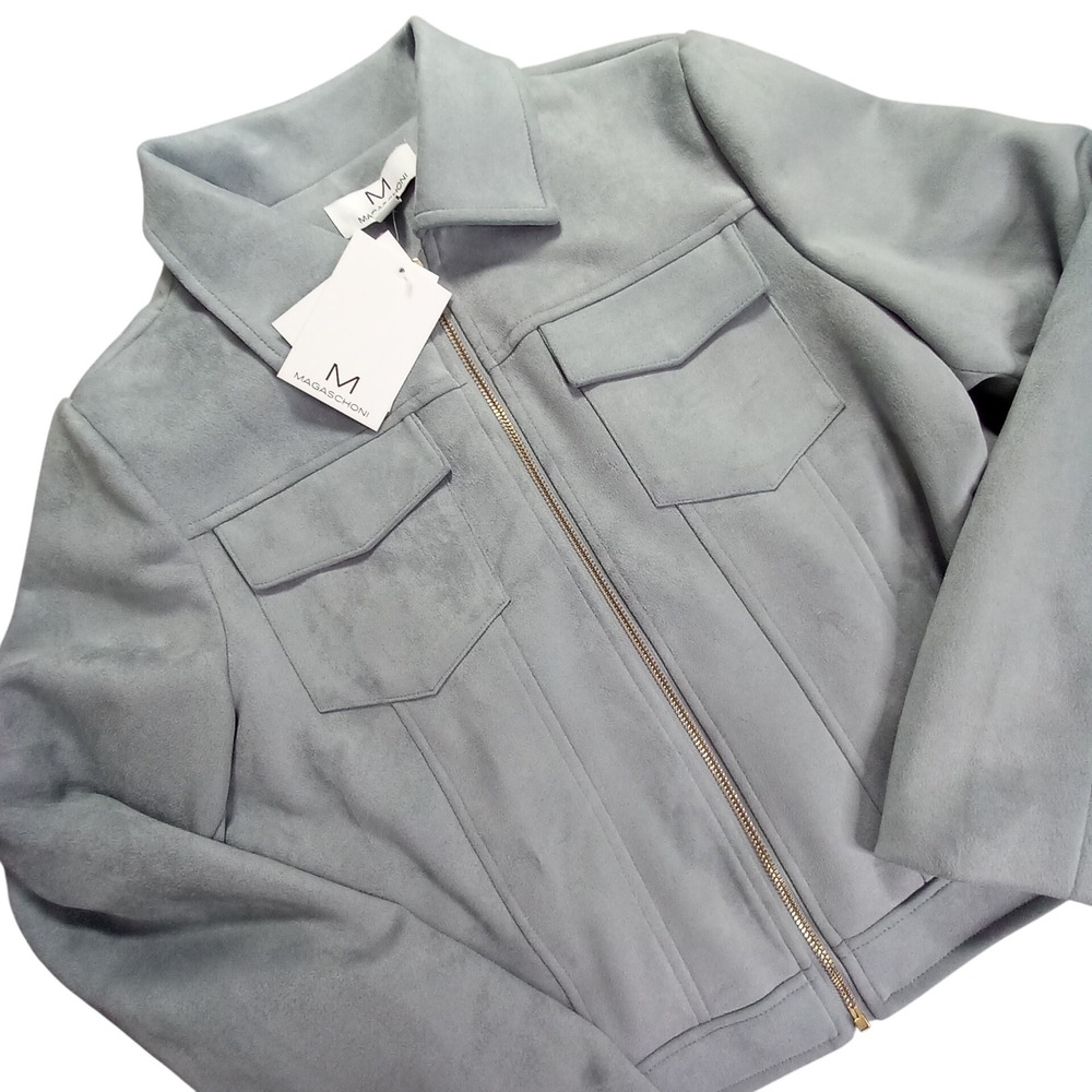 NWT Magaschoni Womens Faux Suede Leather Zip Up Jacket‎ Light Blue Small